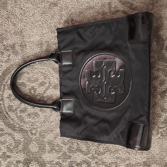 Tory Burch Handbags - Tory Burch ELLA Large Tote Shoulder Black Nylon Patent Leather Purse Handbag